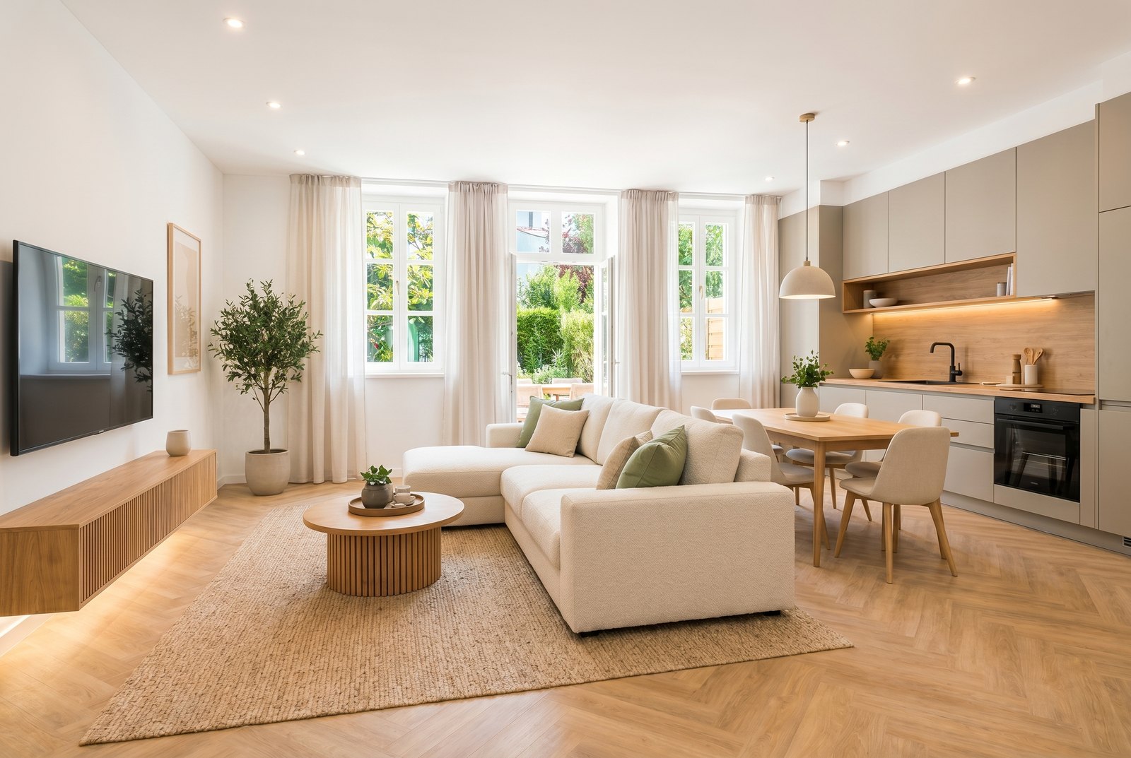 Garden-view living room with sectional sofa, open kitchen and oak floor