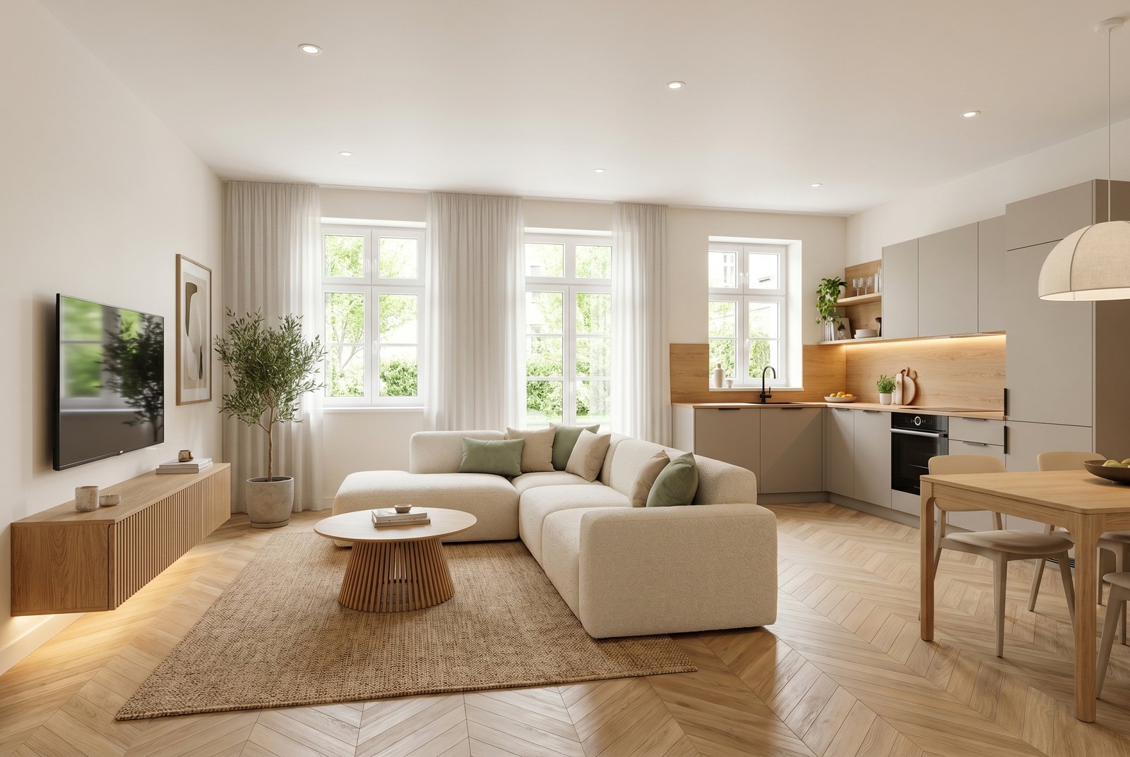 Open-plan dining and kitchen with oak floor and large windows