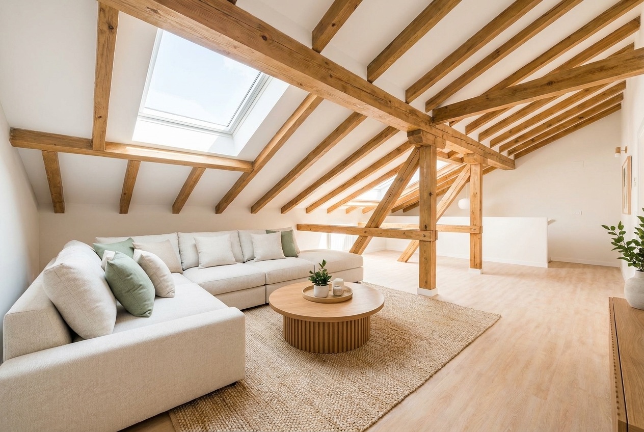 Bright attic-duplex living room under a white sloped ceiling with timber beams and a skylight
