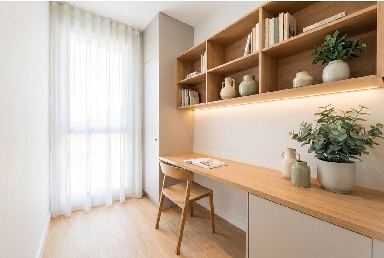 Home-office study nook with oak desk and shelving by a tall window