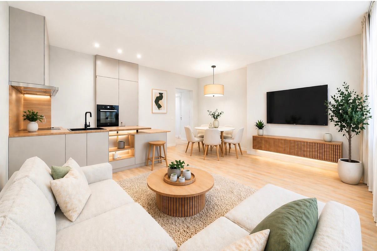 Living room with cream sectional, oak slatted media console, dining area and integrated kitchen