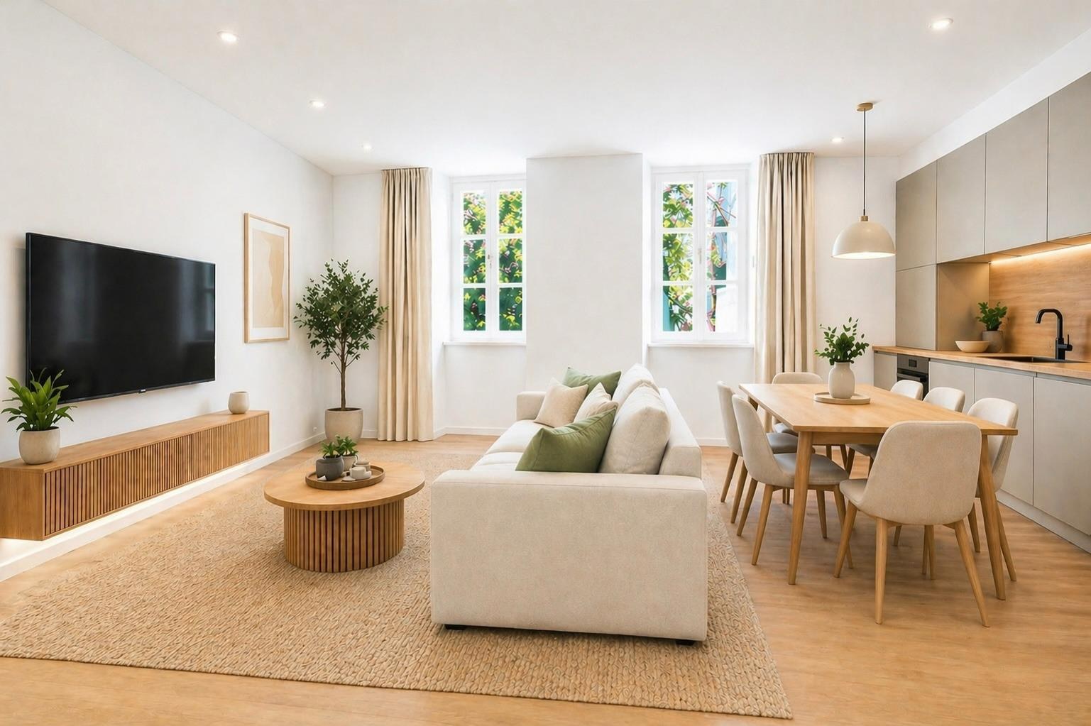 Living and dining area with open greige kitchen and oak floor