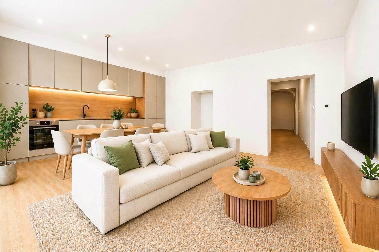 Reception room with sofa, oak floor and a view through to the hallway