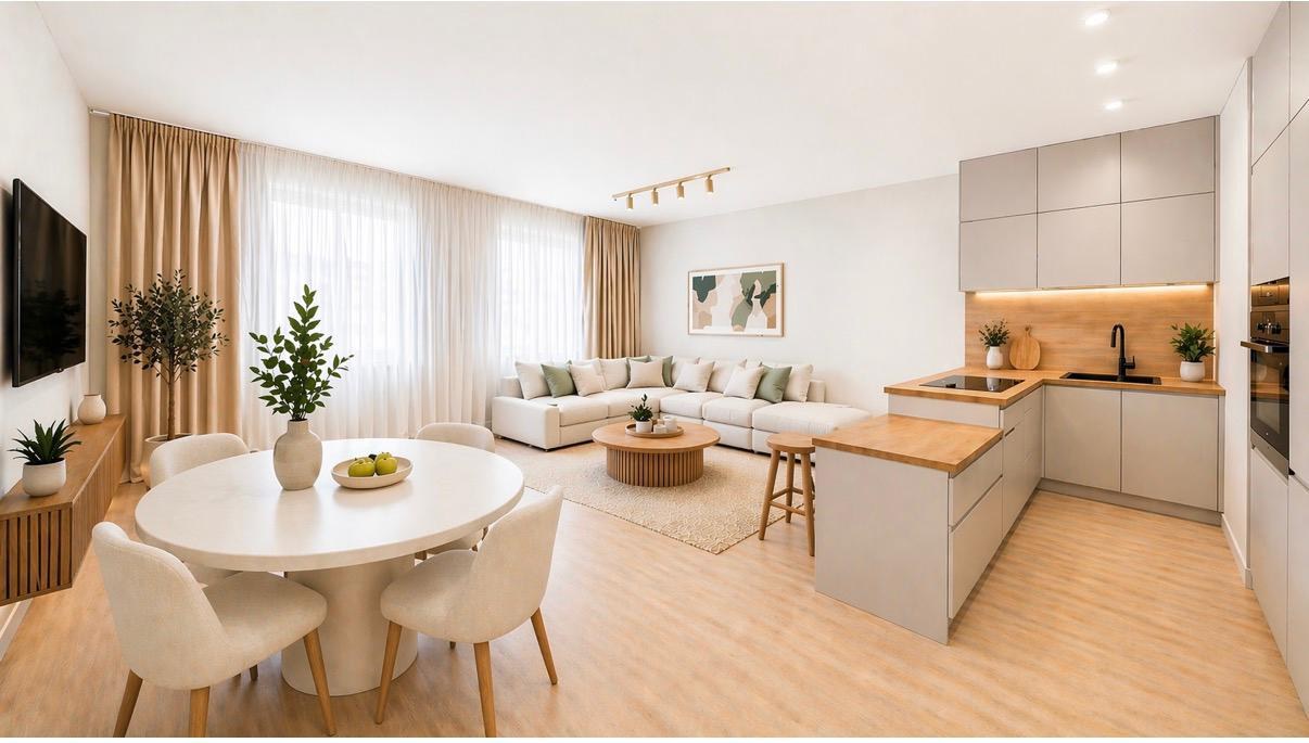 Open-plan living and dining room with a round table, sectional sofa, oak floor and tall windows